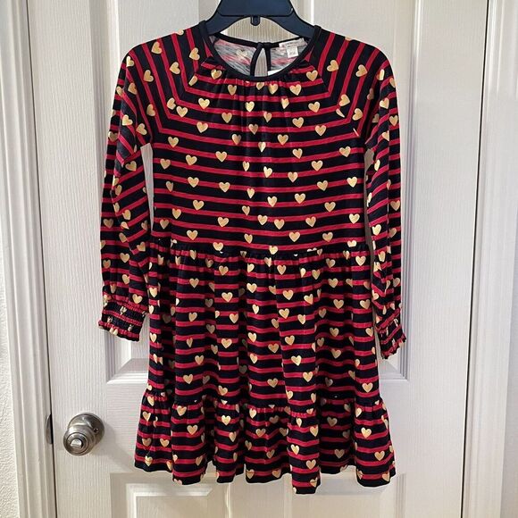 Crewcuts J Crew Navy Red Striped Gold Hearts Dress Girls Size Medium 8-9 NWT - Picture 1 of 11